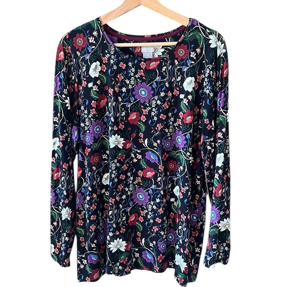Chico’s XL New w/Tag Mystique Floral Jersey Knit Long Sleeve Blouse DarkRomantic
